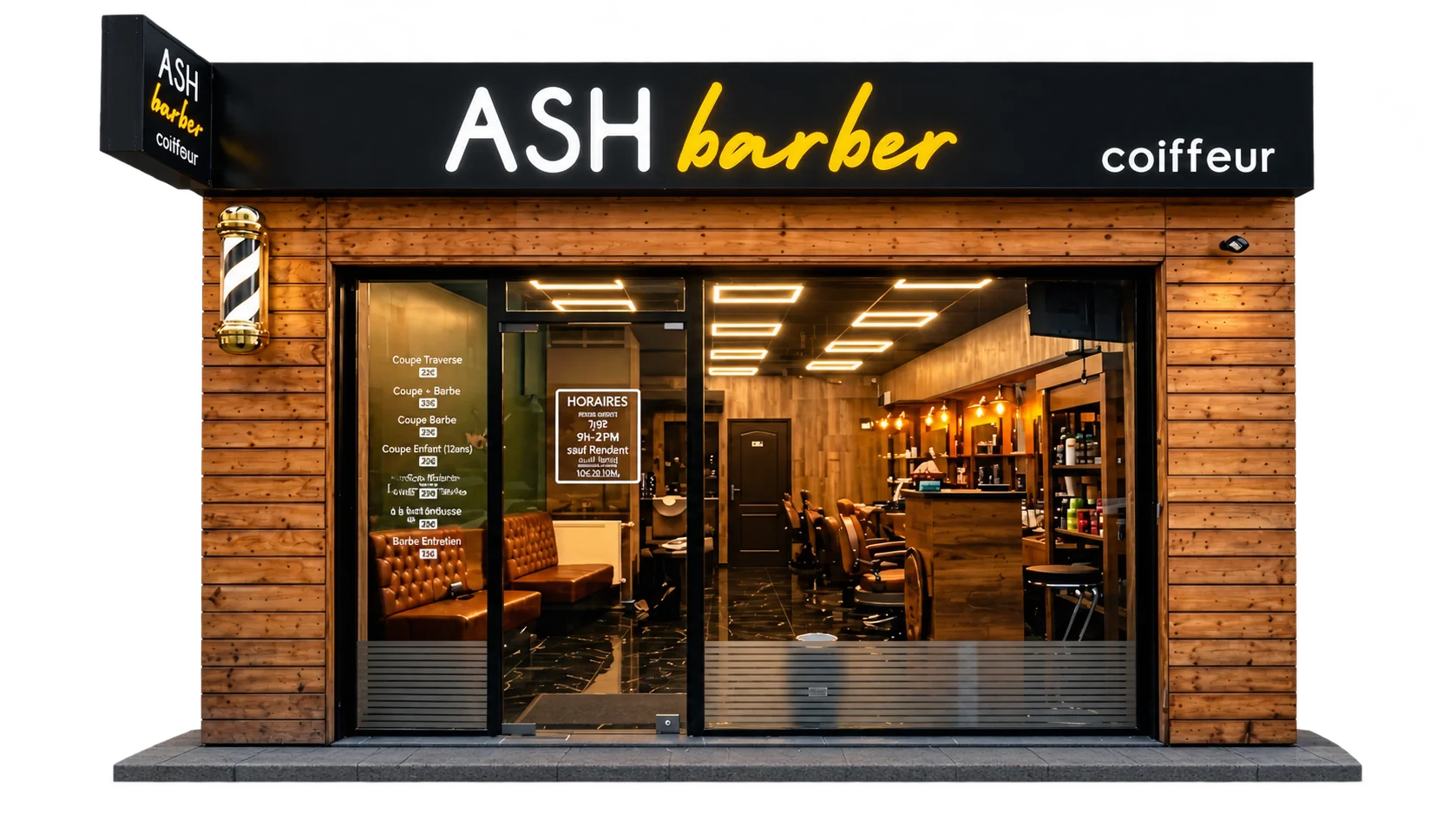 Façade du salon Ash Barber avec un petit trottoir